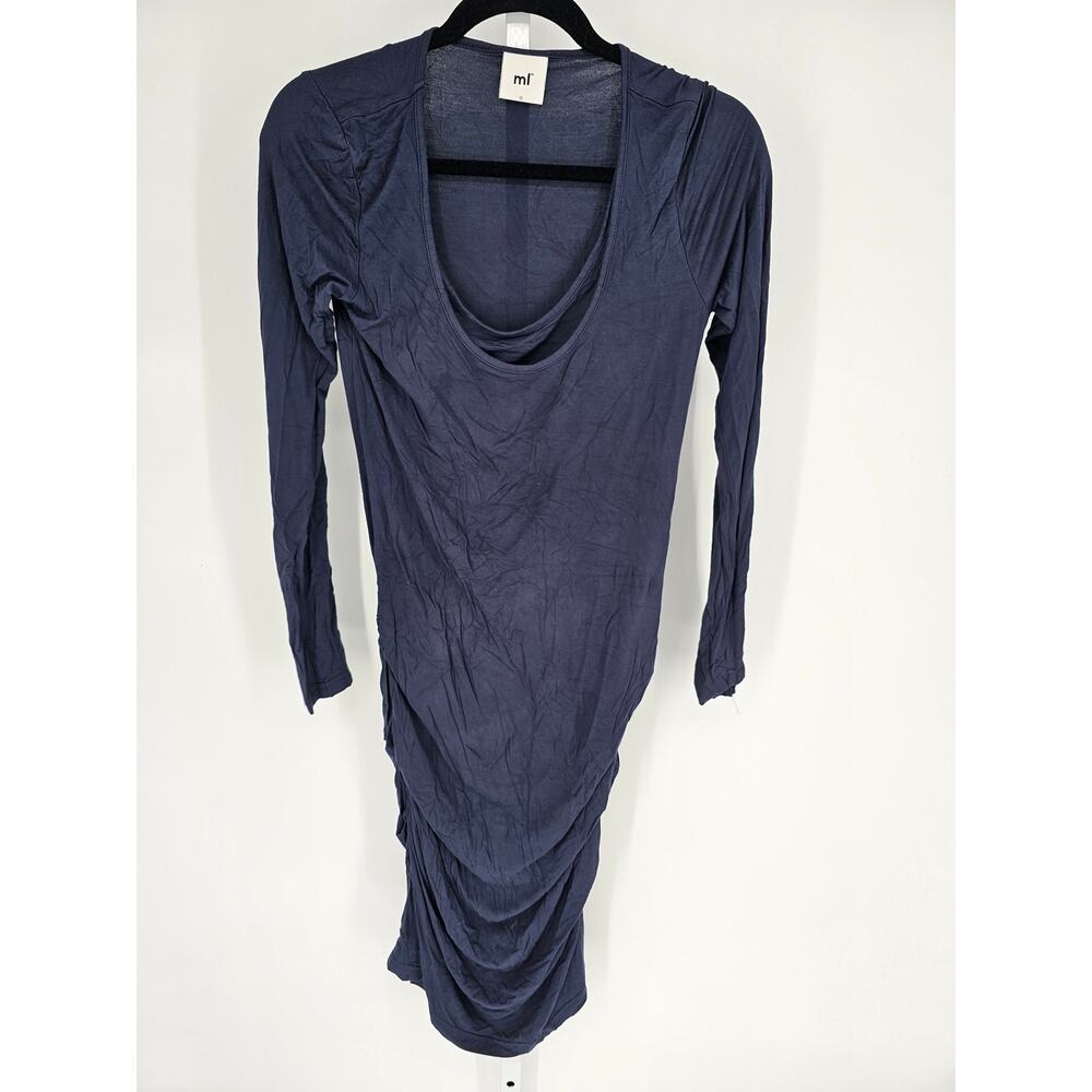 ML Womens Sz S Midi Length Long Sleeve Bodycon Dress Navy Blue Scoop Neck